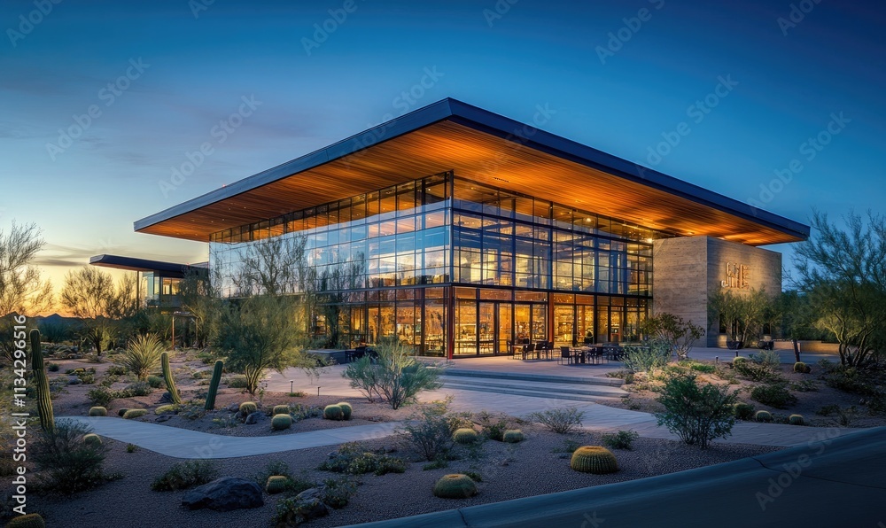 a modern home in Arizona, taken at dusk. The home features extensive use of glass and concrete, with numerous wooden accents. a modern home in Arizona, taken at dusk. The home features extensive use of glass and concrete, with numerous wooden accents.