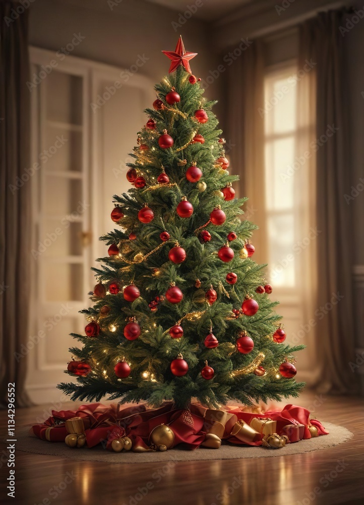 Christmas tree with bright red ornaments and golden accents , festive, tree Christmas tree with bright red ornaments and golden accents , festive, tree