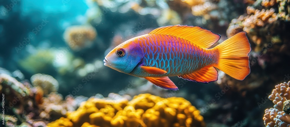 Vibrant orange and blue fish swimming amidst coral reef. Vibrant orange and blue fish swimming amidst coral reef.