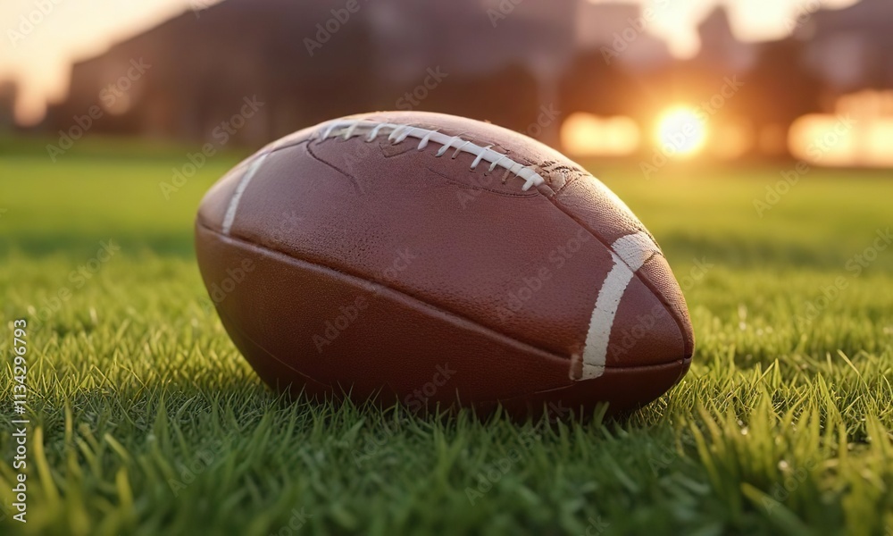 Close-up of a football on green grass at sunset, sports, field, equipment Close-up of a football on green grass at sunset, sports, field, equipment