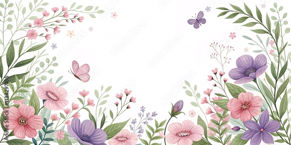 Obraz premium Enchanting Pastel Floral Border with Butterfly and Wildflowers V3