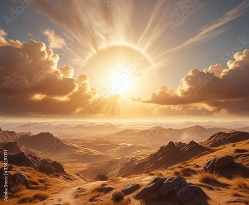 Wallpaper Mural Clouds are illuminated by the warm glow of a bright sun casting a golden aura on the landscape, nature, golden Torontodigital.ca