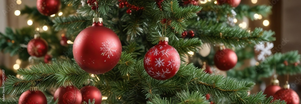 Red Ball and Snowflake Ornaments on a Christmas Tree , red balloons, cold weather, red ball ornaments