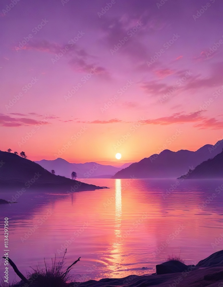 Soft pink orange hues fade into gentle purple tones at the horizon, abstract sunset background with bokeh, twilight