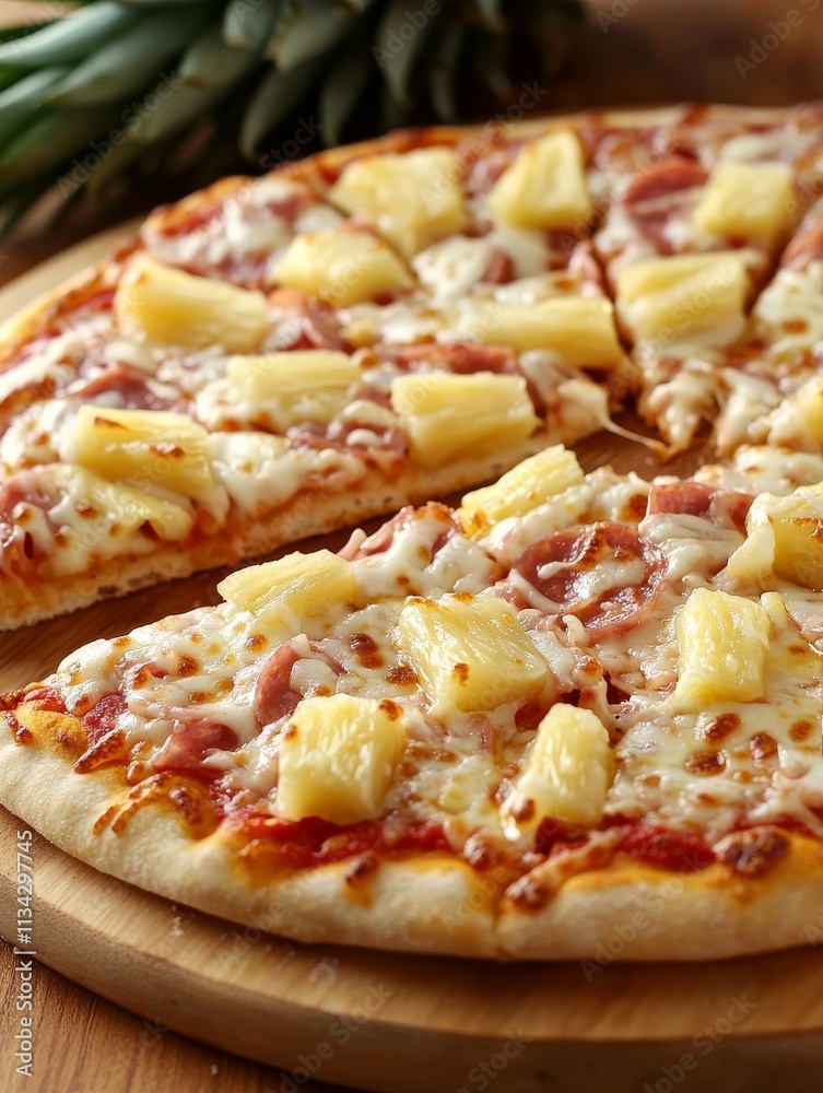 A delicious pizza topped with pineapple and ham, featuring melted cheese on a golden crust, served on a wooden board. A delicious pizza topped with pineapple and ham, featuring melted cheese on a golden crust, served on a wooden board.