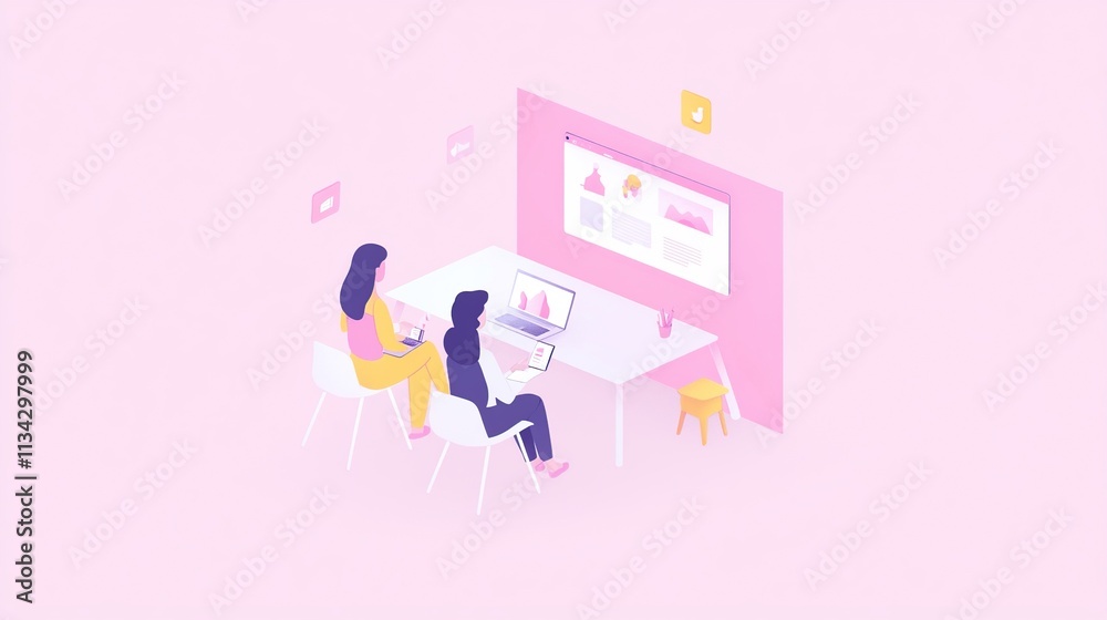 Two individuals working on laptops in a pink-themed workspace. Two individuals working on laptops in a pink-themed workspace.
