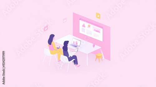 Two individuals working on laptops in a pink-themed workspace.