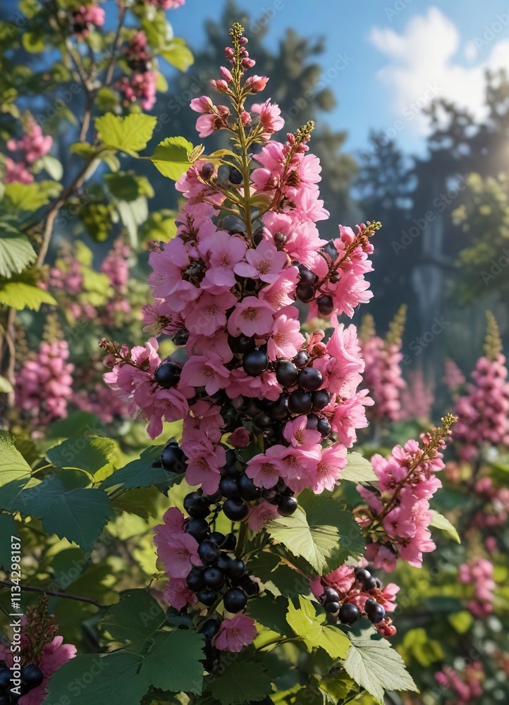 Black currant bush in full bloom with pink flowers, garden, spring, flower Black currant bush in full bloom with pink flowers, garden, spring, flower