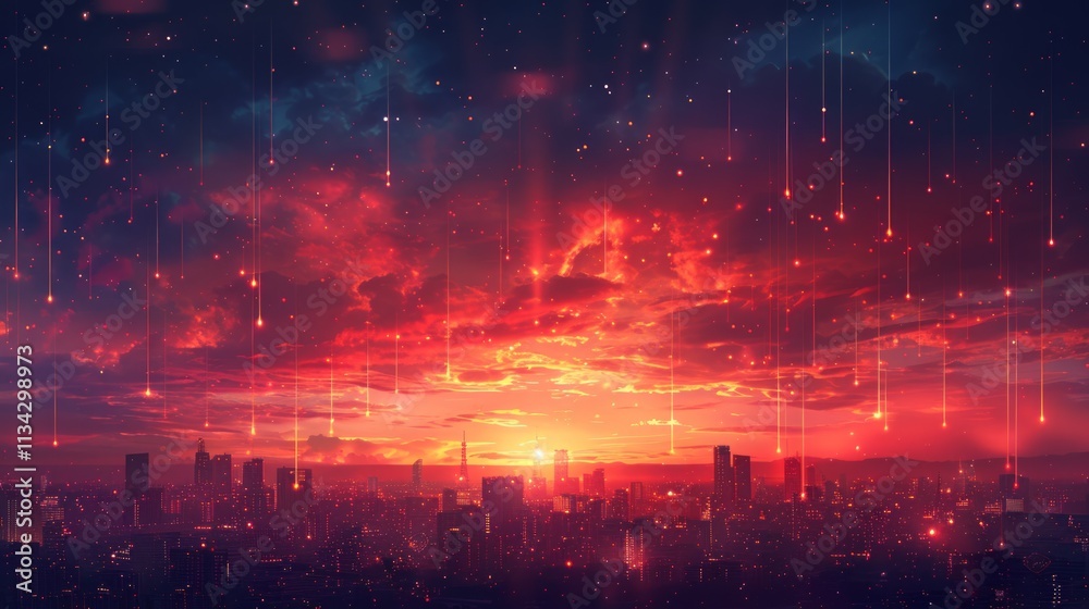 Fototapeta premium Fiery sunset over a silhouetted cityscape with raining lights.