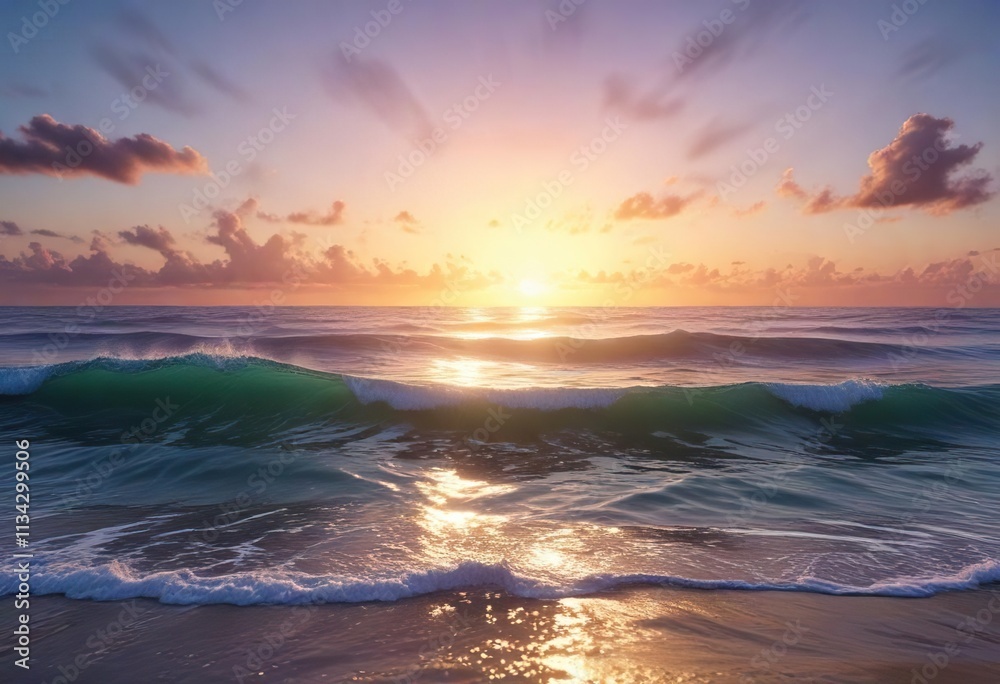 The morning light dances across the sea, casting a kaleidoscope of colors across the waves, with shades of blue, green, and purple emerging from the horizon, beauty, serenity The morning light dances across the sea, casting a kaleidoscope of colors across the waves, with shades of blue, green, and purple emerging from the horizon, beauty, serenity