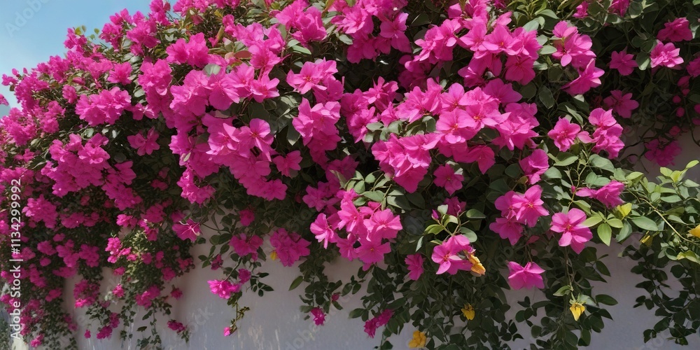 Fototapeta premium Bougainvillea vines covered in bright pink flowers with yellow centers and green leaves , pink flowers, plant species, floral arrangements