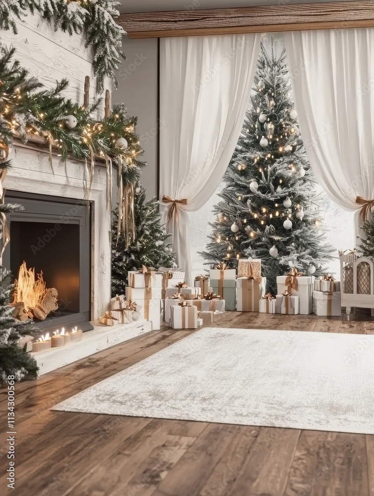 Fototapeta premium A cozy holiday scene featuring a decorated Christmas tree, wrapped gifts, and a warm fireplace, all surrounded by festive decorations and soft lighting.