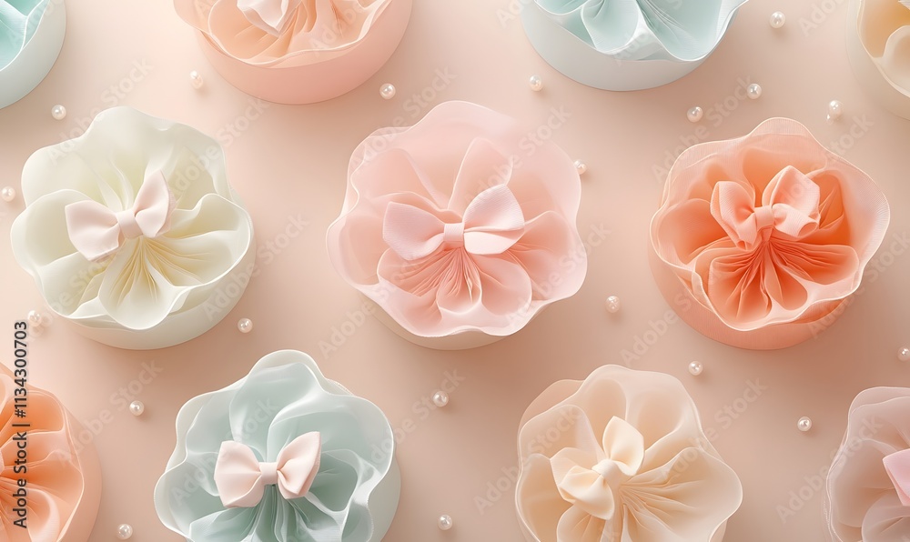 Obraz premium Top view of light pastel floral bow treats with small pearl toppings.