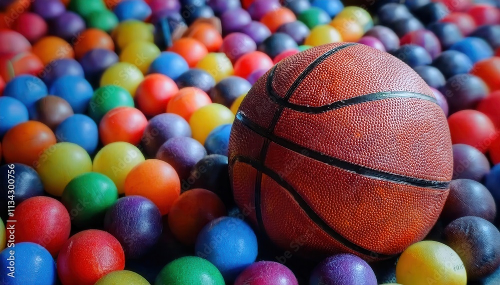 Close-Up of a Textured Basketball Resting on a Vibrant Multicolored Ball Pit. Contrasting Surfaces Highlighting Playful Sports Concept, Recreation Aesthetics and Unique Background for Creative NBA Use Close-Up of a Textured Basketball Resting on a Vibrant Multicolored Ball Pit. Contrasting Surfaces Highlighting Playful Sports Concept, Recreation Aesthetics and Unique Background for Creative NBA Use