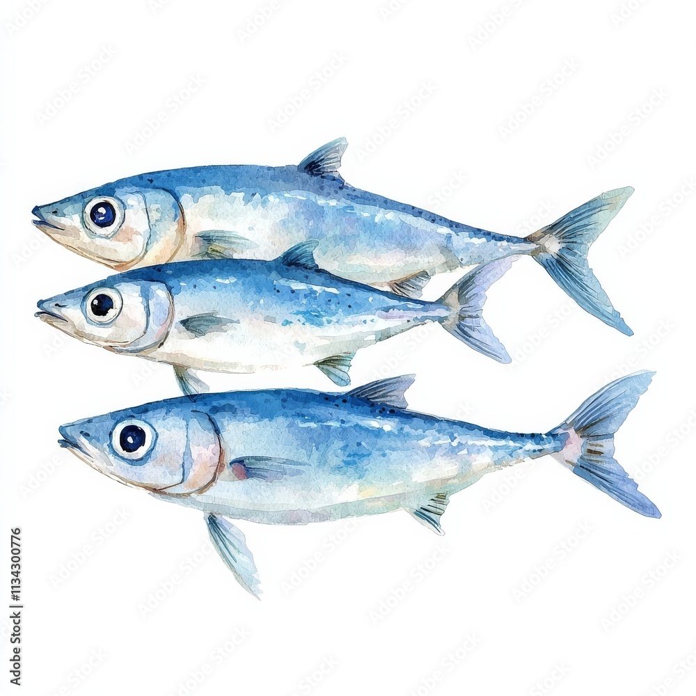 Obraz premium Three stylized fish are depicted, showcasing their vibrant blue scales and distinct features, ideal for aquatic themes and illustrations.
