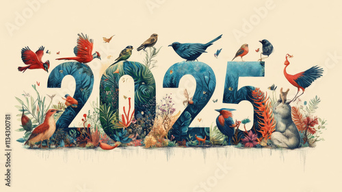 A colorful depiction of the year 2025, featuring vibrant flora and fauna elements, including various birds and natural motifs.