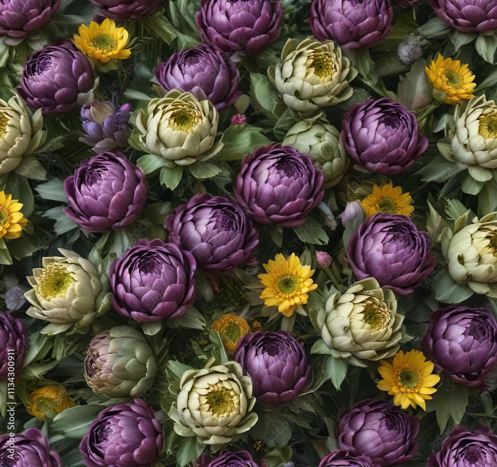 Obraz premium Artichoke flowers in a bouquet with other seasonal flowers , arrangement, floral, flower