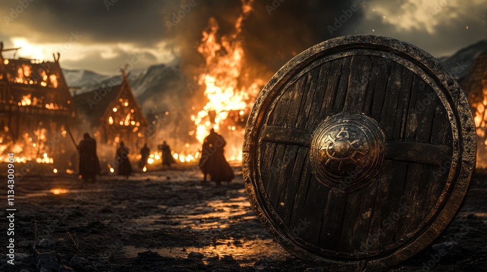 Viking shield in foreground with burning houses and vikings in the background