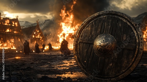 Obraz na płótnie Viking shield in foreground with burning houses and vikings in the background w salonie