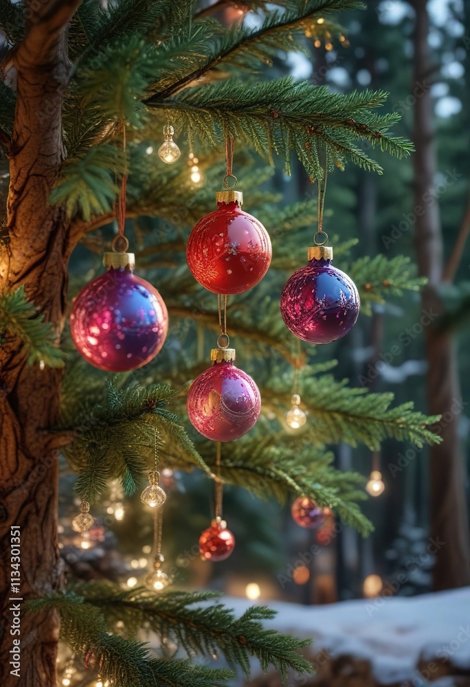 Sparkling glass ornaments dangle from the branches of a beautifully decorated Christmas tree amidst a calm and quiet forest, delicate decoration, holiday decor Sparkling glass ornaments dangle from the branches of a beautifully decorated Christmas tree amidst a calm and quiet forest, delicate decoration, holiday decor