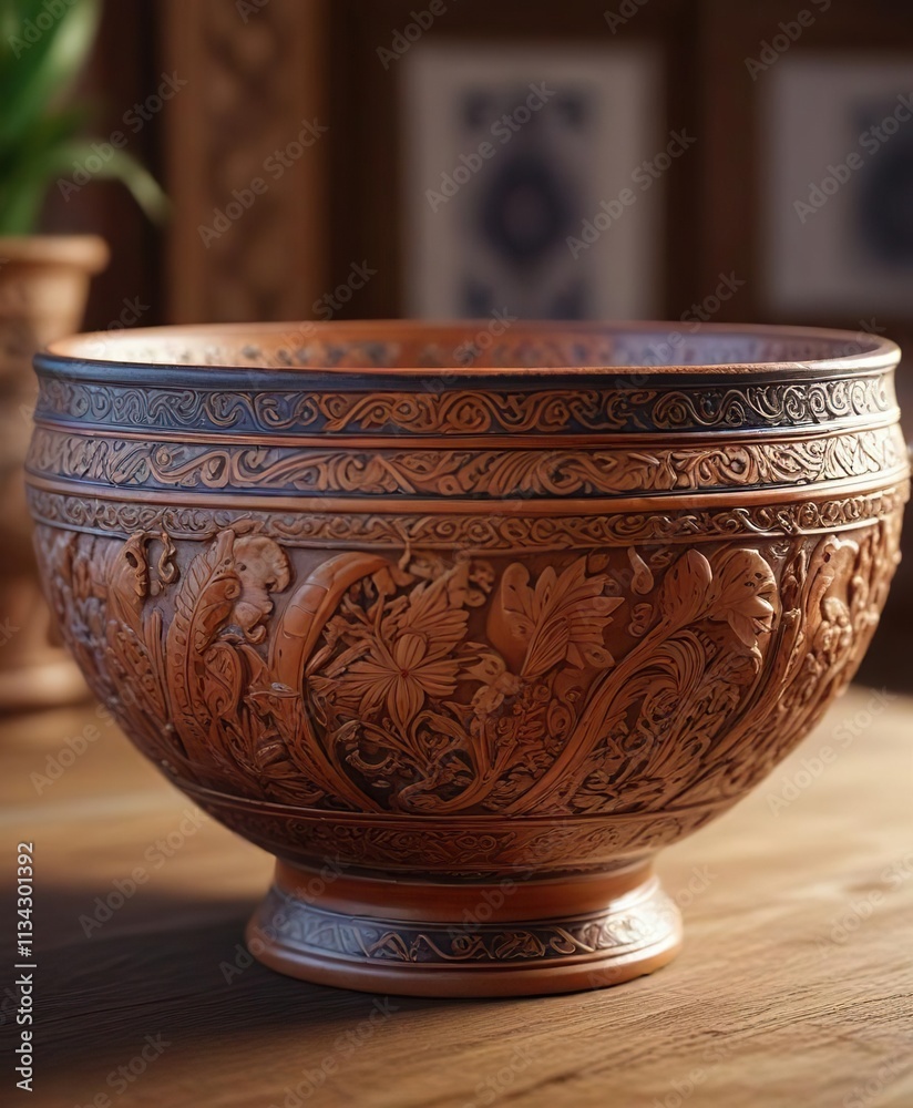 Traditional earthenware bowl with intricate carvings, handcrafted, earthy Traditional earthenware bowl with intricate carvings, handcrafted, earthy