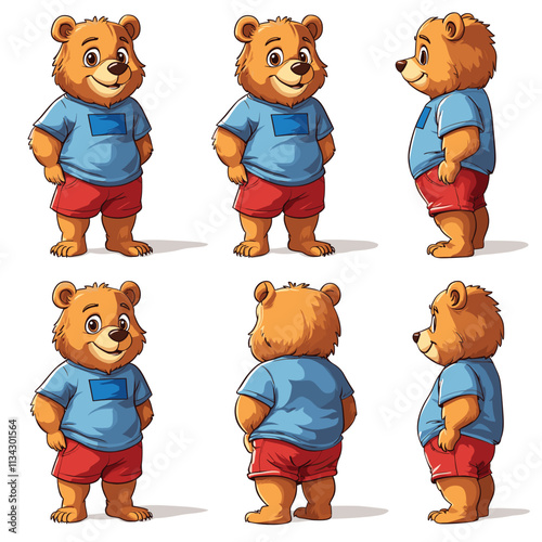 Cartoon bear character in multiple poses wearing blue and red.