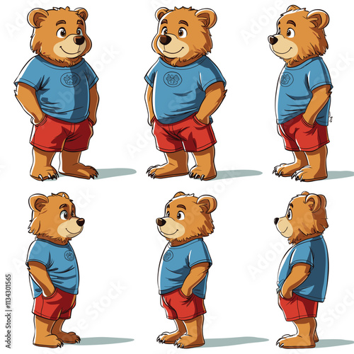 Cartoon bear character in multiple poses wearing blue and red.