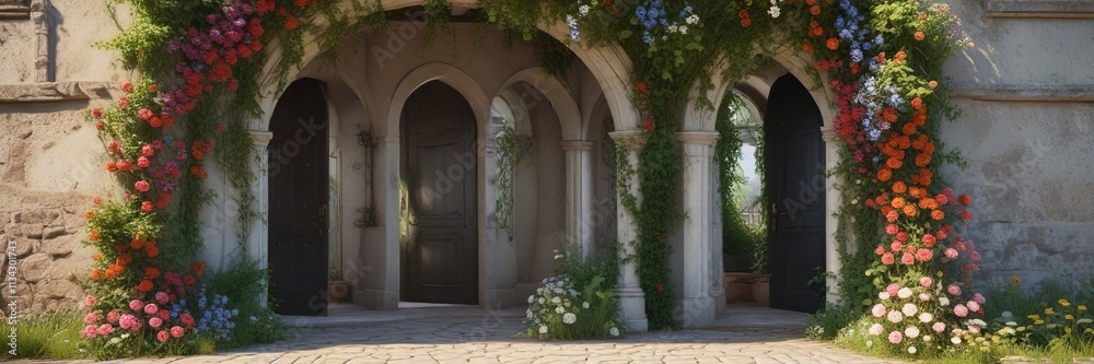 Arched doorway overgrown with vines and flowers, greenery, stone arch, flowering plants