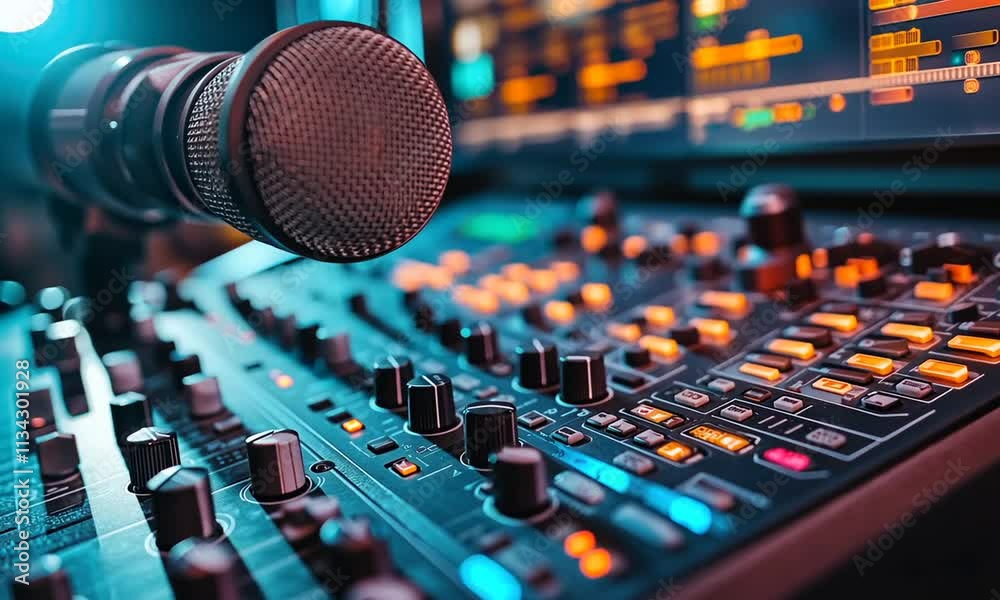 Close-up of a microphone positioned over a sound mixer control panel, illuminated with vibrant blue and orange lighting.