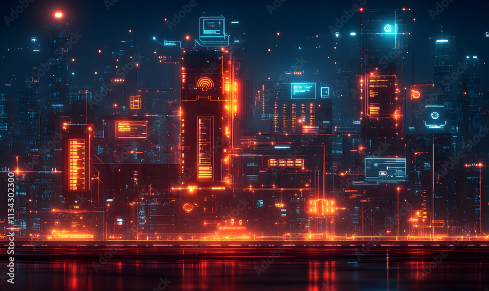 Fototapeta premium Futuristic cityscape illuminated with neon lights and digital interfaces.