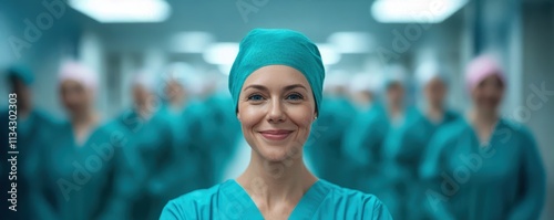 A confident healthcare professional stands in focus, surrounded by colleagues in scrubs, symbolizing teamwork and dedication in a medical environment. photo