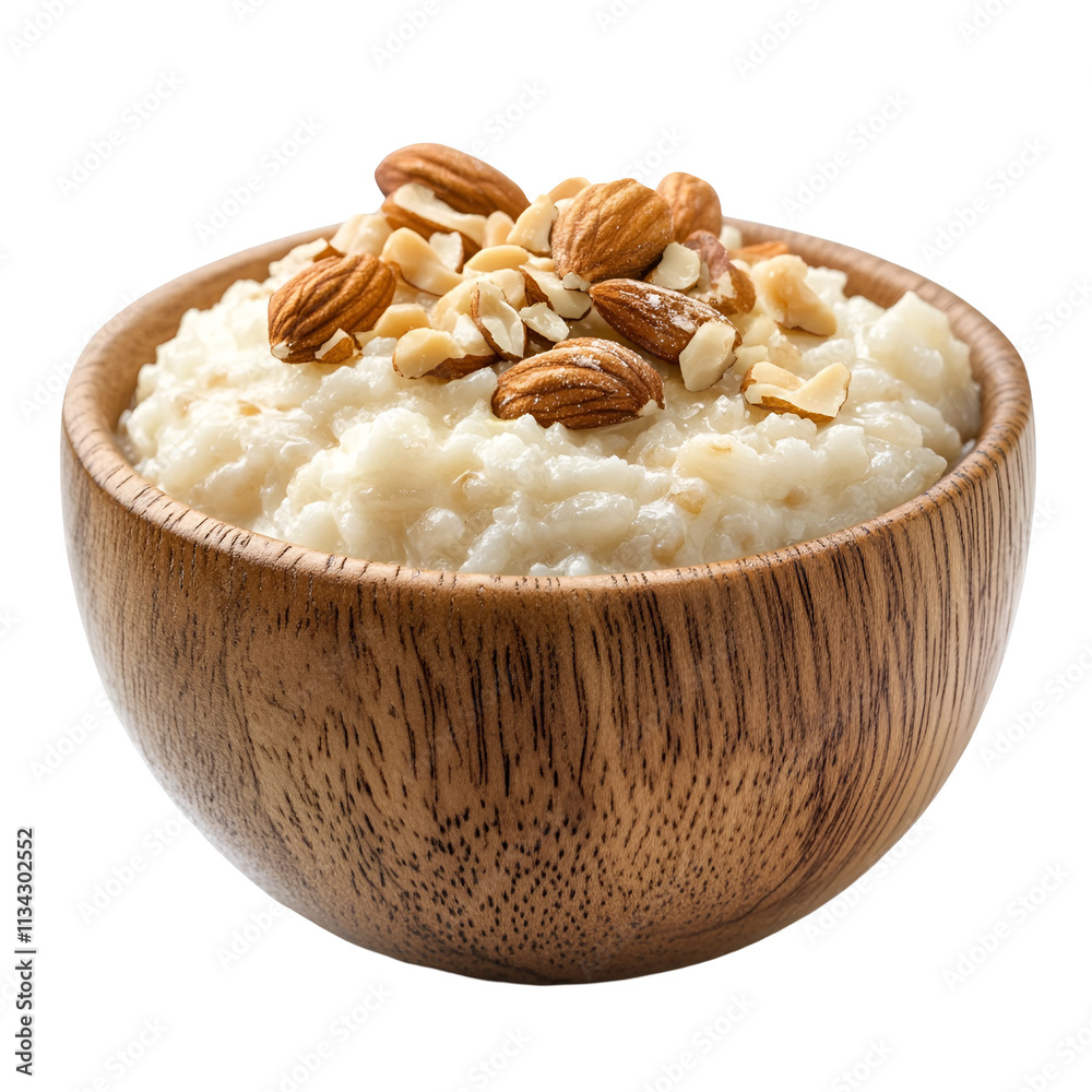 Wooden Bowl of Creamy Rice Pudding with Almonds Wooden Bowl of Creamy Rice Pudding with Almonds