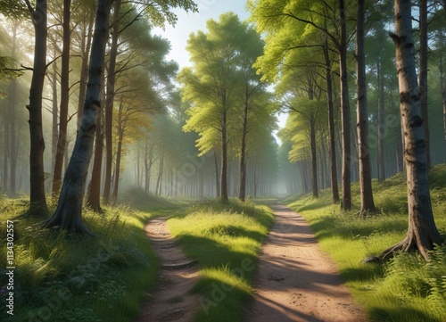A forest path winding through the Belovezhskaya Pushcha with tall trees , woods, spring, natural world photo