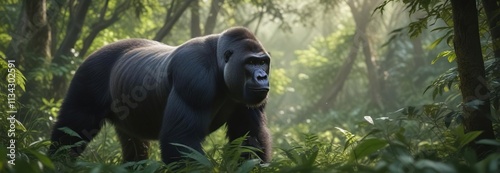 Elusive silverback moving swiftly through the dense foliage, swift movement, mountain gorilla