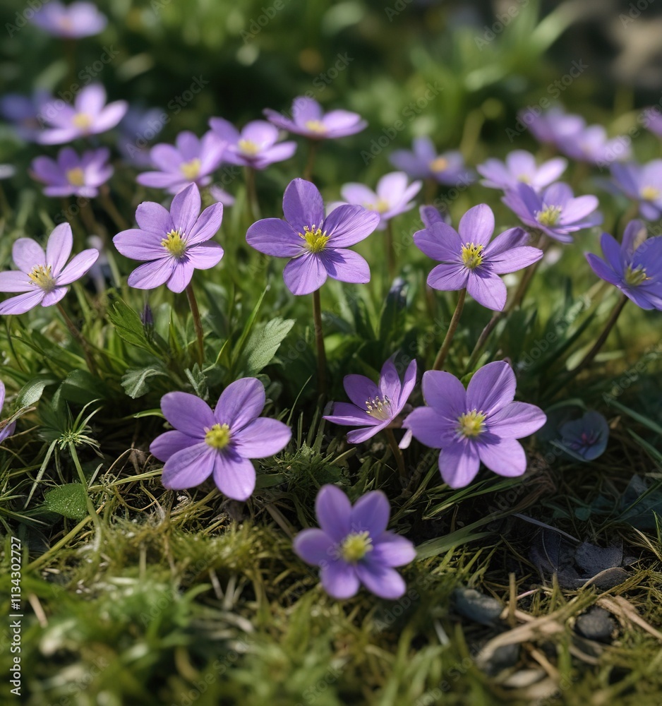 Delicate violet hepatica flowers on green grass, color combination, hepatica bulb, green grass Delicate violet hepatica flowers on green grass, color combination, hepatica bulb, green grass