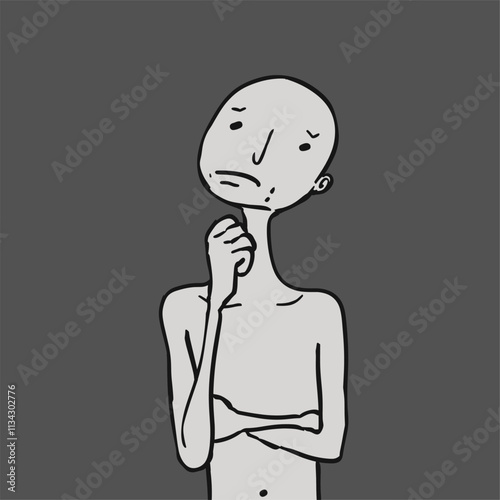 Black and white drawing of a contemplative figure.