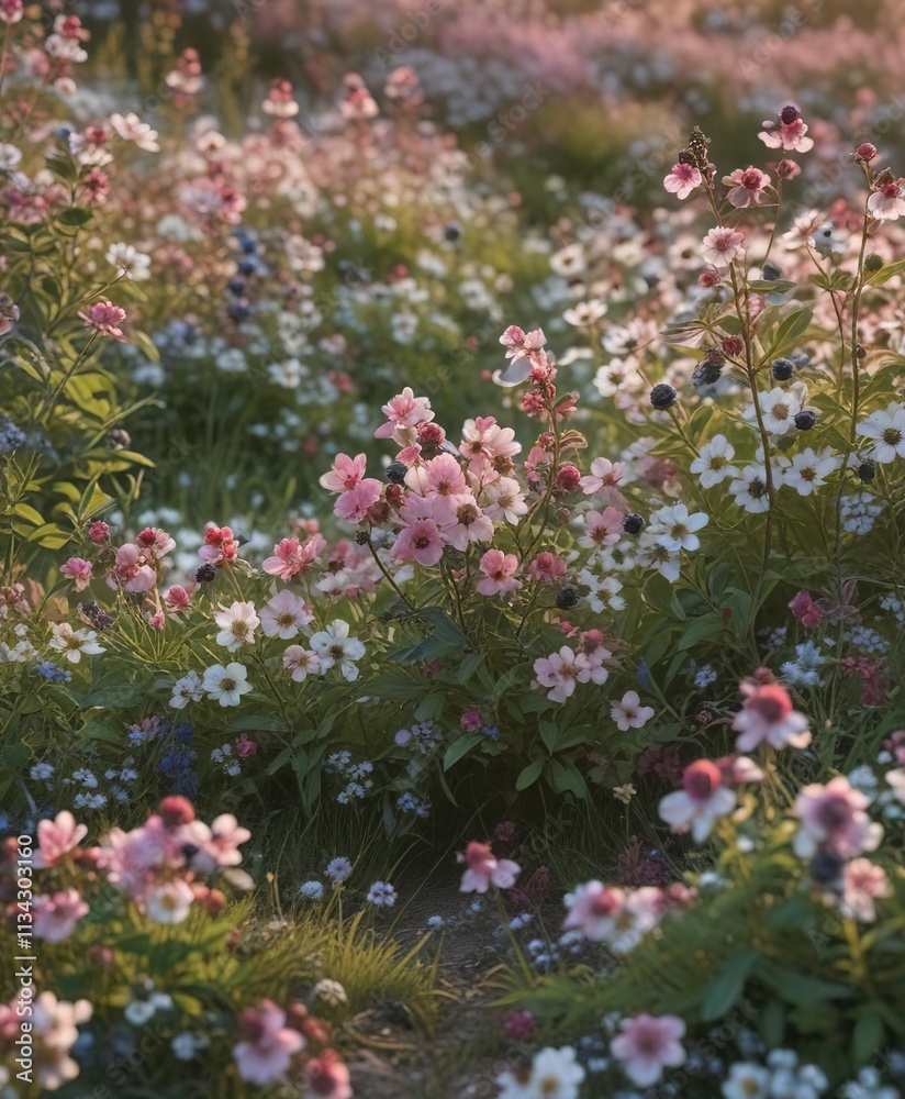 Obraz premium Softly glowing wildflowers in shades of pink and white scattered throughout an idyllic landscape featuring clusters of ripe blueberries and blackberries , garden, wildflowers