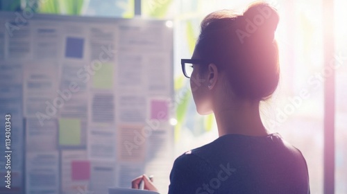 Person standing in front of a job listings board, scanning opportunities with a focused expression. The scene conveys the pursuit of career advancement and the search for meaningful employment.