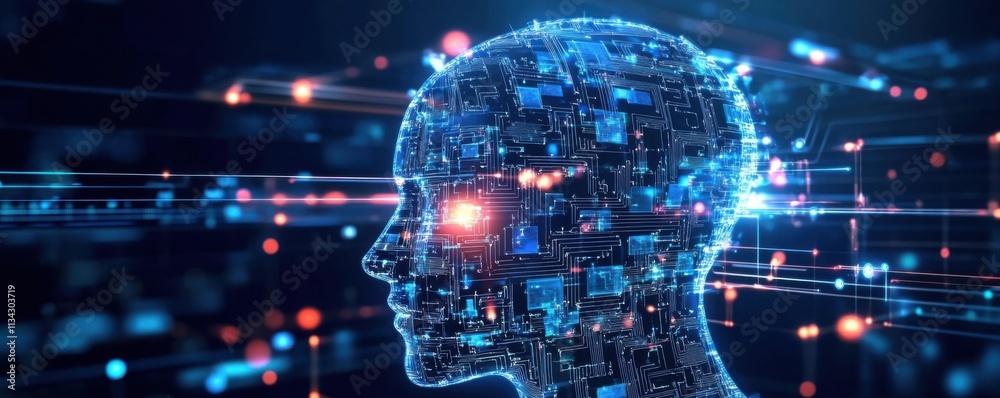 Fototapeta premium Digital head, circuitry, blue, glowing; no background