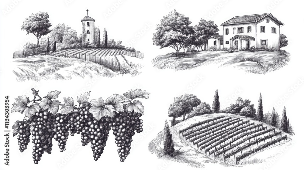 Vineyard landscapes sketch set. Hand drawn vintage rural grape plants vine field plantation and winery house vector illustration