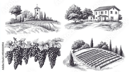Obraz na płótnie Vineyard landscapes sketch set. Hand drawn vintage rural grape plants vine field plantation and winery house vector illustration w salonie