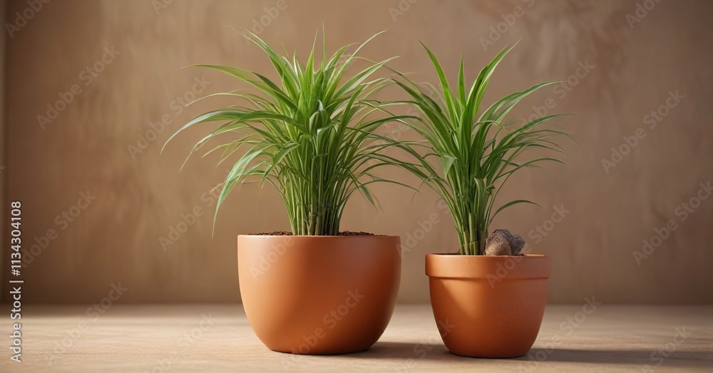 Simple brown terracotta pot with healthy Chlorophytum comosum plant , home decor, indoor plants, greenery Simple brown terracotta pot with healthy Chlorophytum comosum plant , home decor, indoor plants, greenery