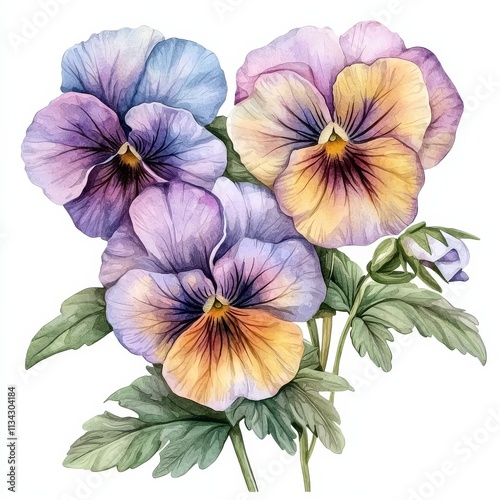 Wallpaper Mural A vibrant illustration of pansy flowers showcasing various colors, with delicate petals and lush green leaves, perfect for floral enthusiasts. Torontodigital.ca