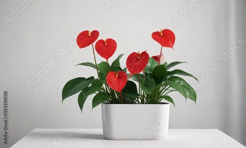 Anthurium with heart-shaped leaves and red spathes in a minimalist white pot on a sleek surface, minimalist, anthurium photo
