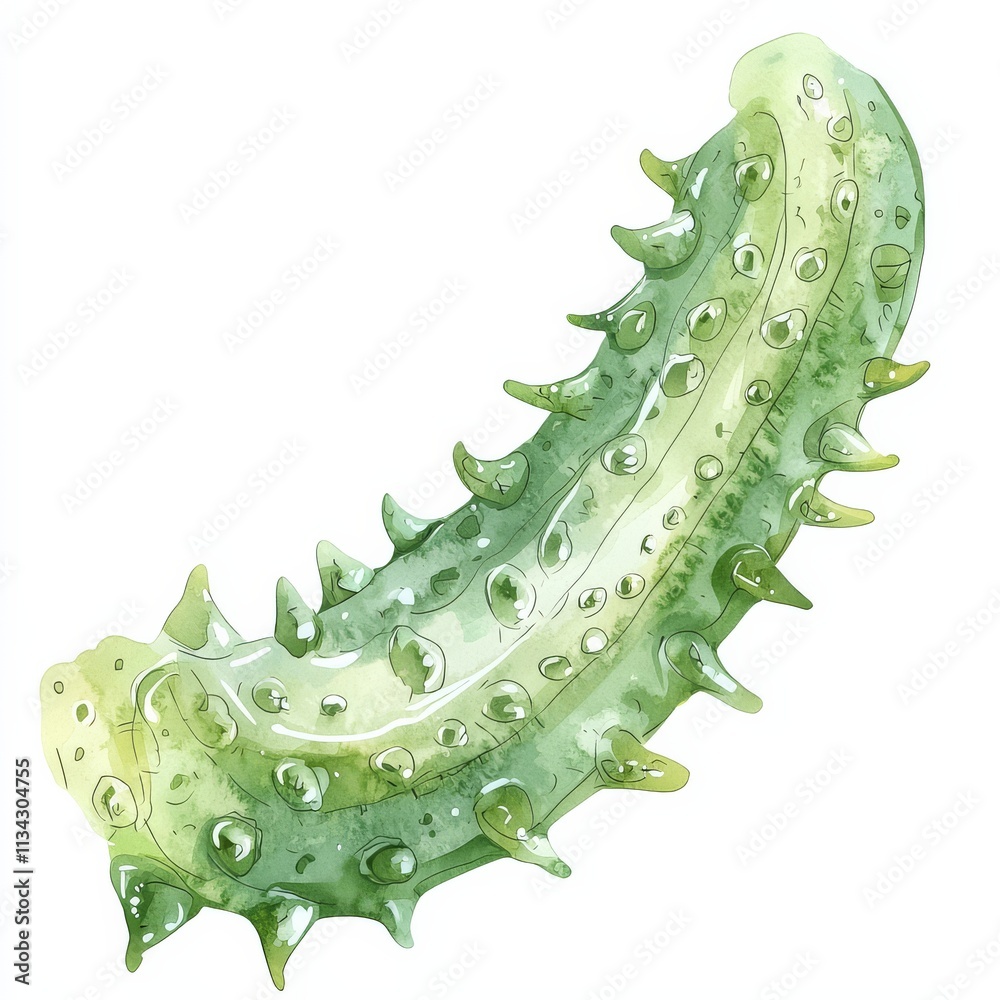 Naklejka premium A spiky, green cucumber-like object with a bumpy texture, resembling a unique fruit or vegetable, noted for its unusual appearance.