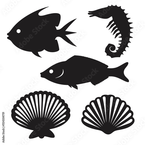 Fish and shellfish silhouettes vector White Background