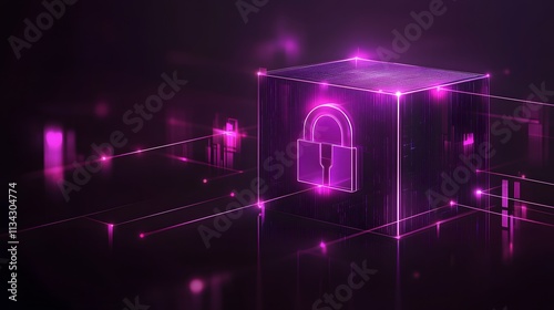Glowing purple cube with padlock symbol, representing digital security and data protection.