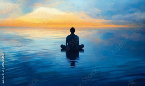 Serene figure meditates, sunset water reflection.