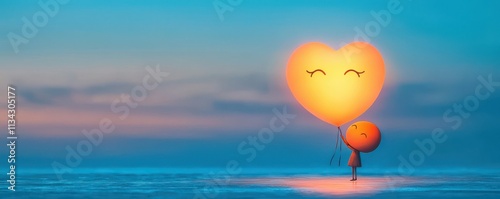 A whimsical scene of a character holding a glowing heart balloon against a serene sky, evoking themes of love and joy. photo