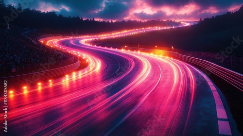 Vibrant night scene of a winding road with light trails